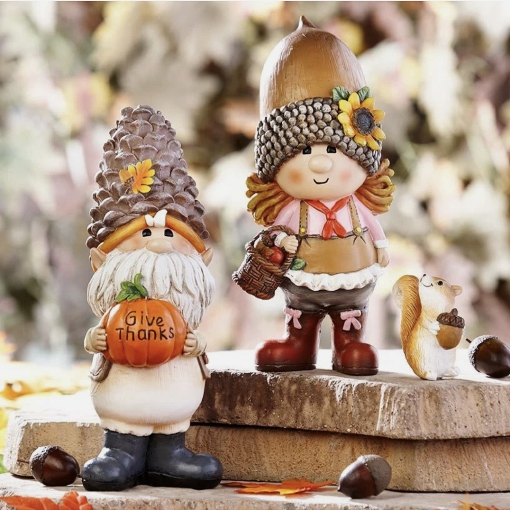 Autumn Garden Gnomes 3 PIECE SET: Gnorm, Petunia & Pet Squirrel BNWT Retired